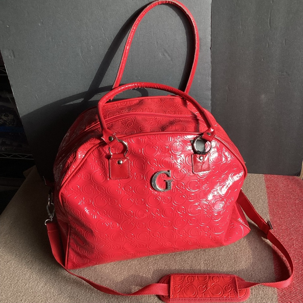 Guess monogram red patent leather carry on bag shoulder tote